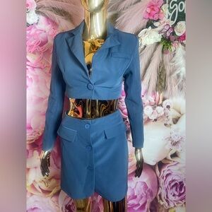 Club L London Navy Satin Blazer and Skirt Set